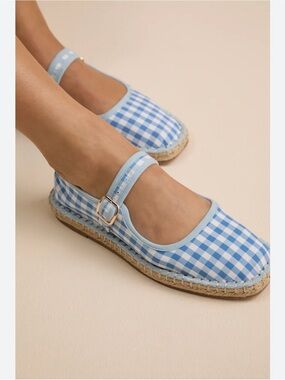 Blue gingham Coconuts by Matisse Meg Mary Jane flats featuring a jute sole.